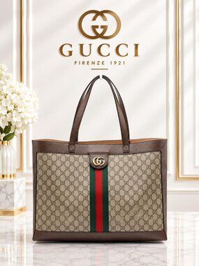 Authentic Gucci Ophidia GG Supreme Canvas Large Tote Bag Web Stripe Shoulder Bag